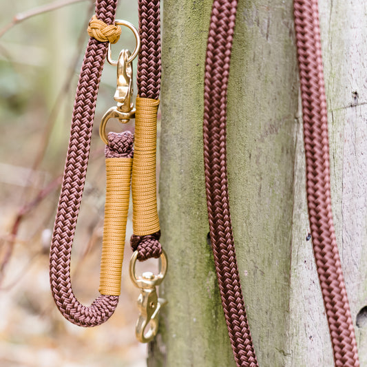 Edles Flecht-Reithalfter inklusive Zügel im SET, braun/gold